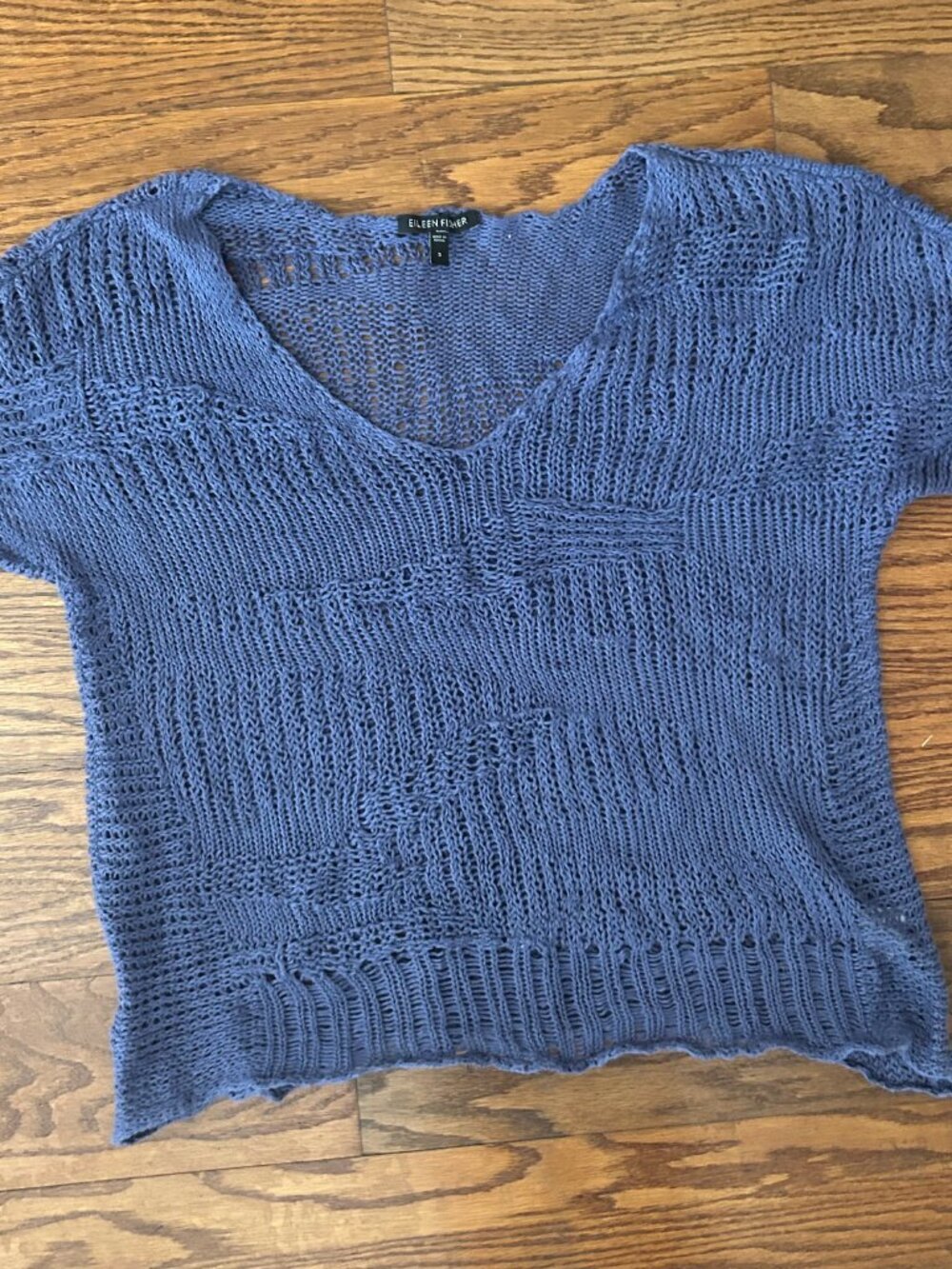 Eileen Fisher Blue Angel Cotton Metallic Stitch Crochet Sweater Top Size Small - Picture 3 of 13